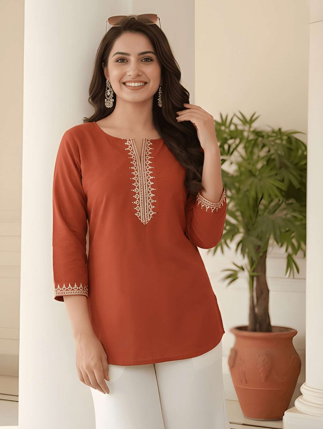 women embroidered notch neck straight kurti