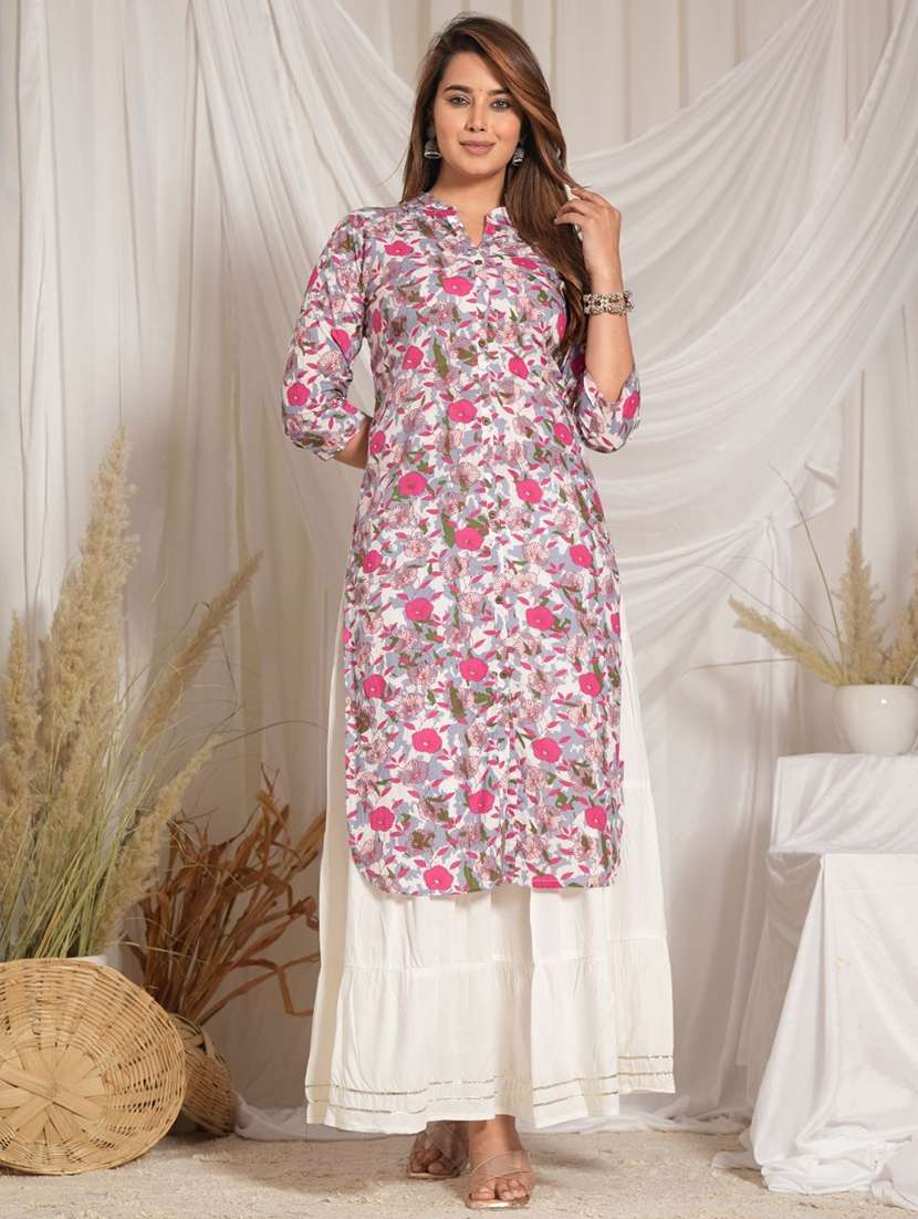 women floral three quarter sleeve kurta skirt set