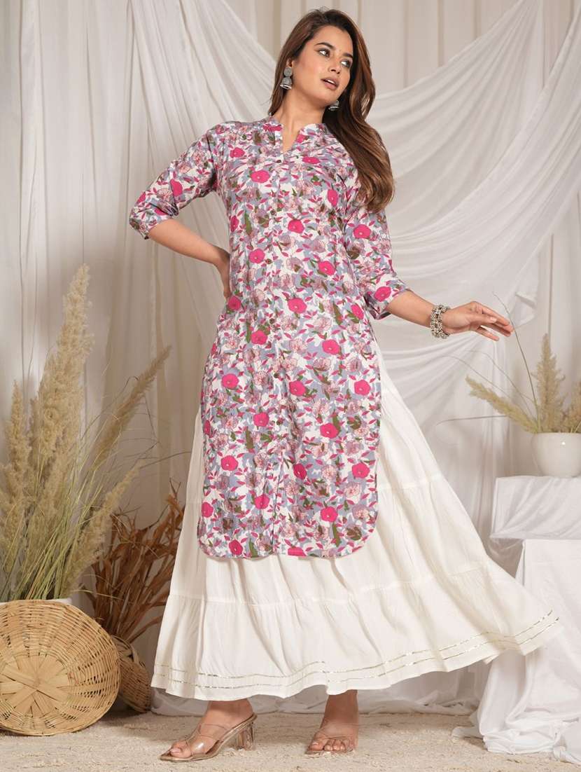 women floral three quarter sleeve kurta skirt set - 22507454 -  Standard Image - 3