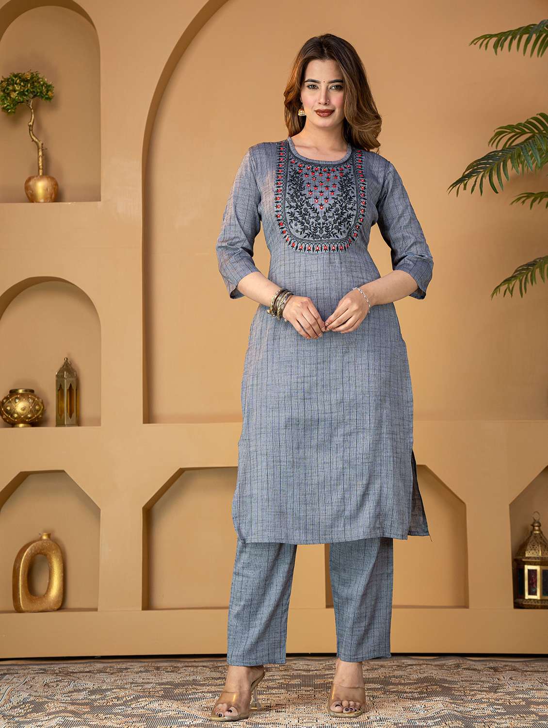 women embroidered three quarter sleeve kurta pant set