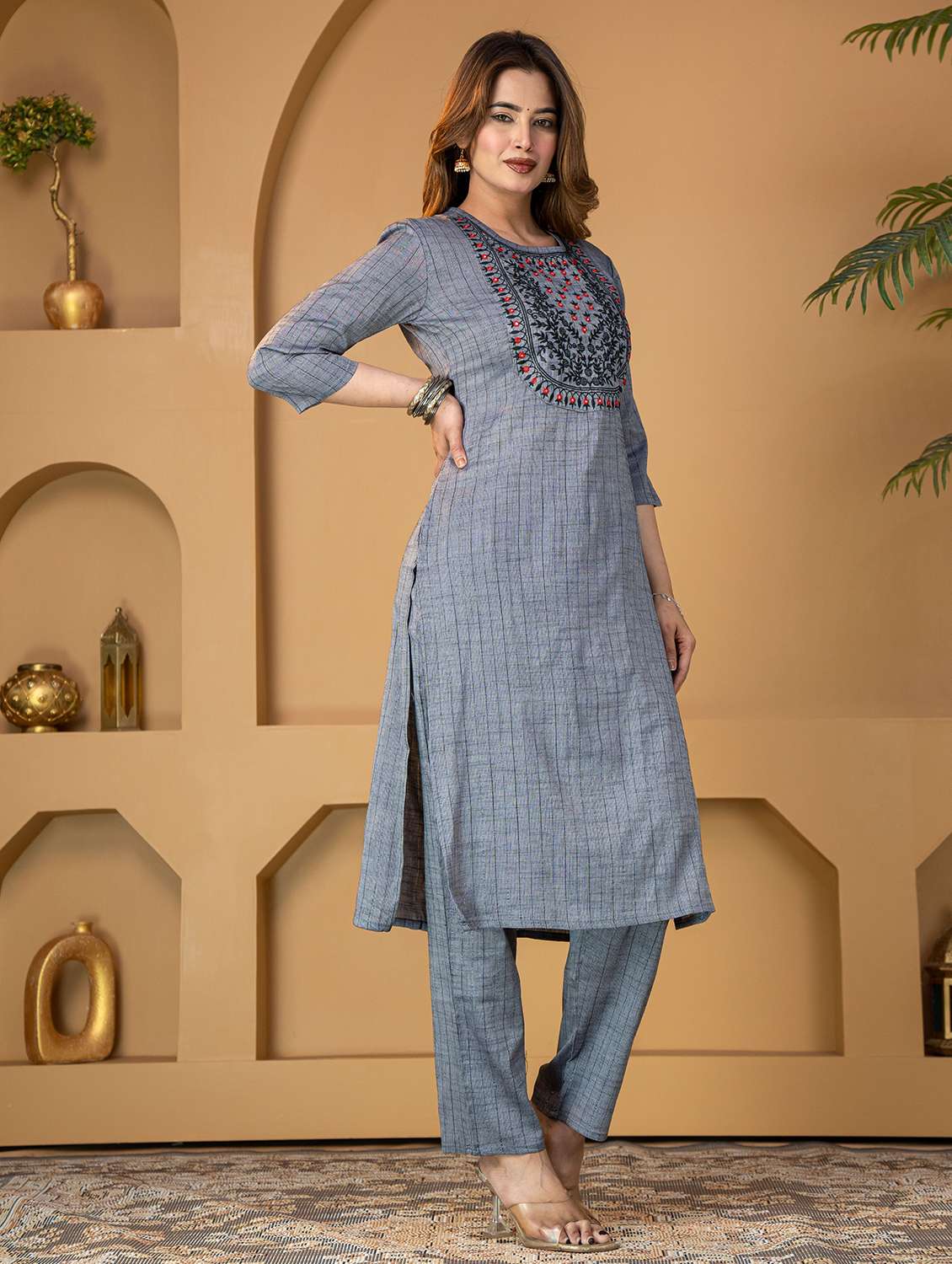 women embroidered three quarter sleeve kurta pant set - 22507461 -  Standard Image - 3