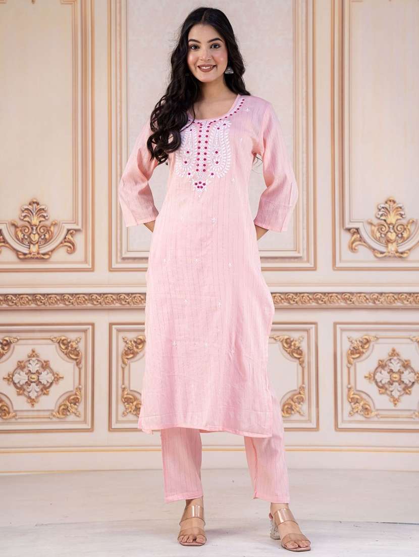 women embroidered three quarter sleeve kurta pant set