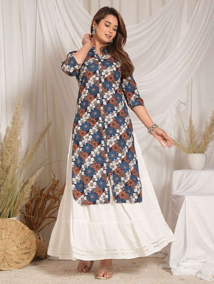 women floral three quarter sleeve kurta skirt set