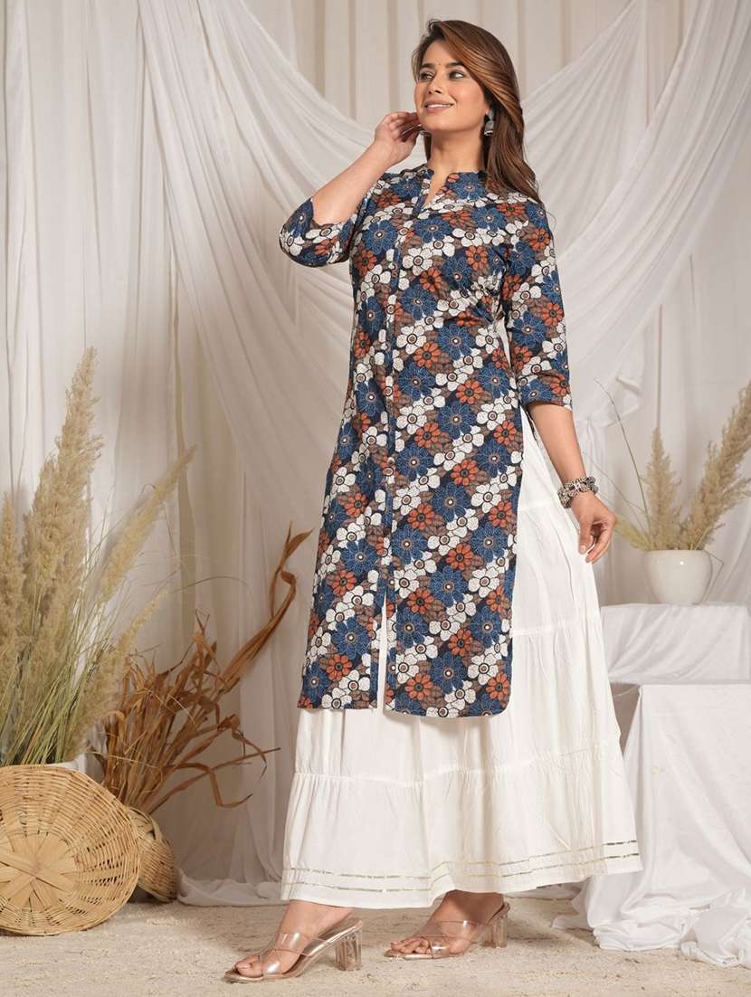 women floral three quarter sleeve kurta skirt set - 22507527 -  Standard Image - 3