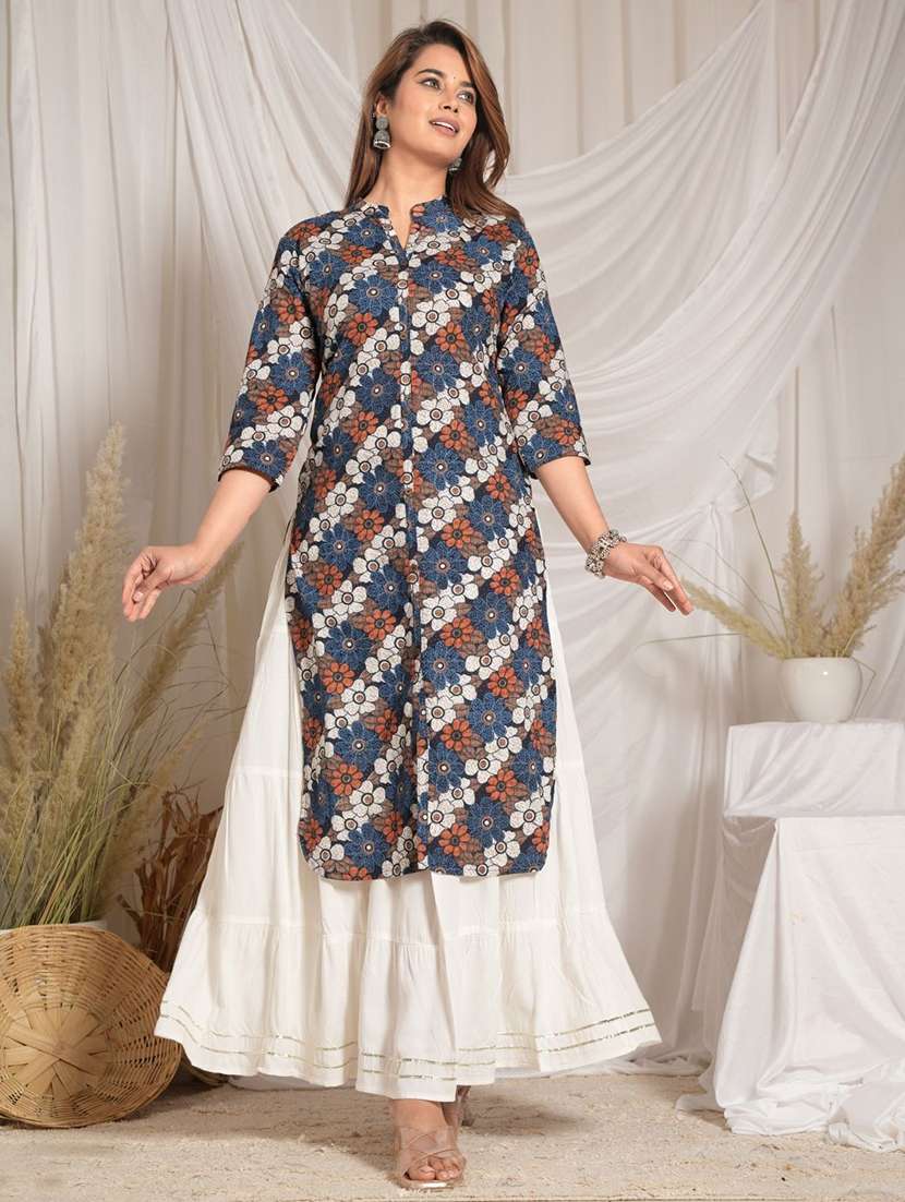 women floral three quarter sleeve kurta skirt set - 22507527 -  Standard Image - 5
