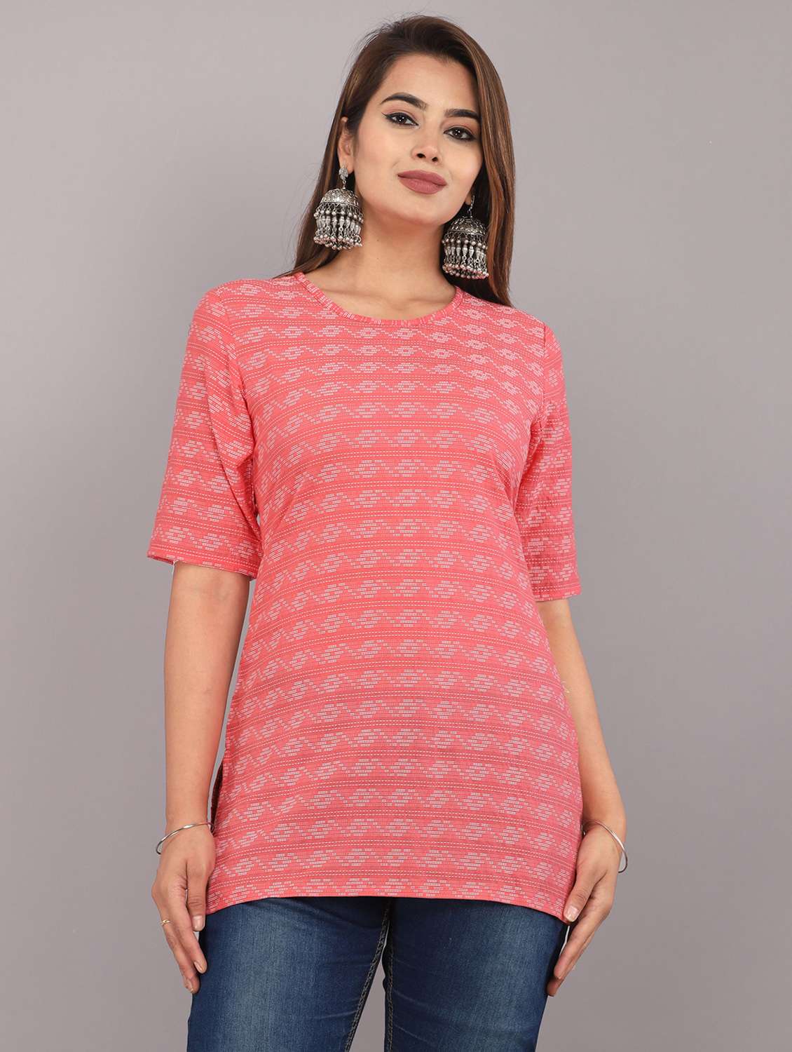 women printed round neck regular long top
