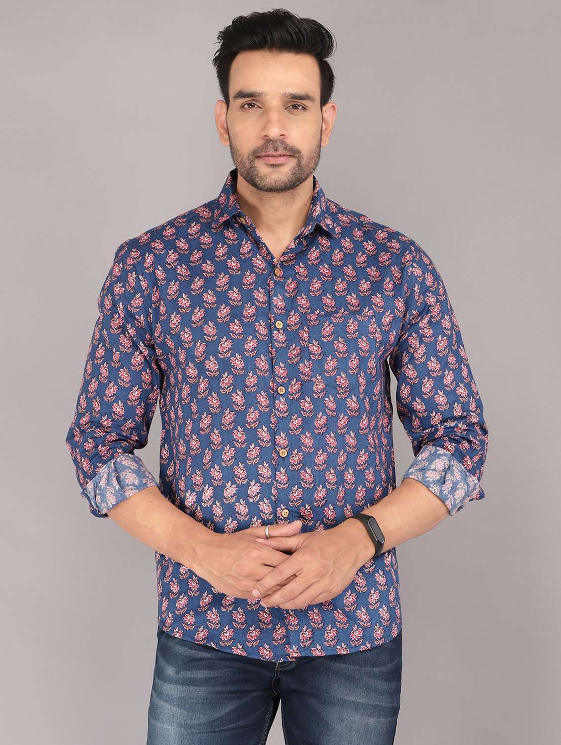 men printed long sleeve slim fit casual shirt