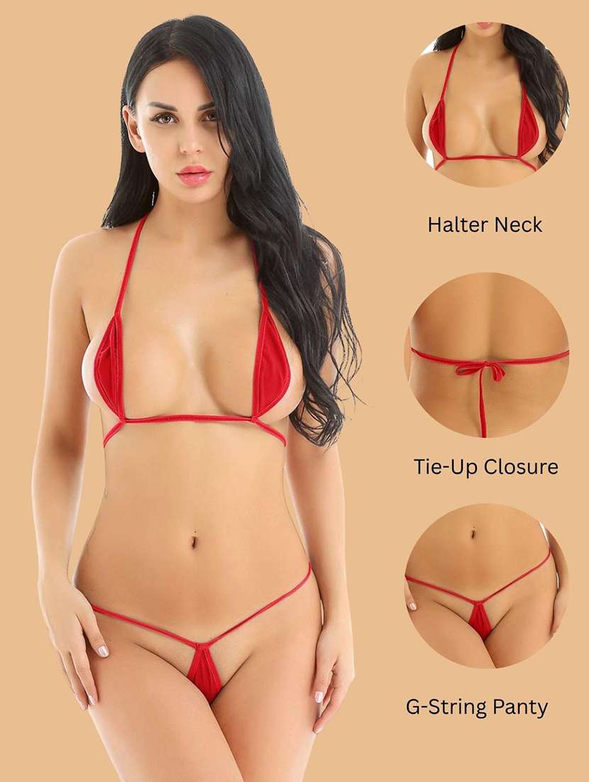 women solid halter neck bikini set - 22507769 -  Standard Image - 3