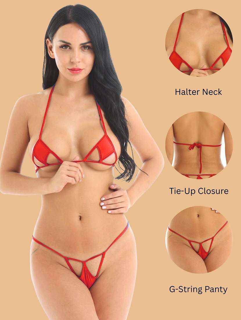 women solid halter neck bikini set - 22507774 -  Standard Image - 3