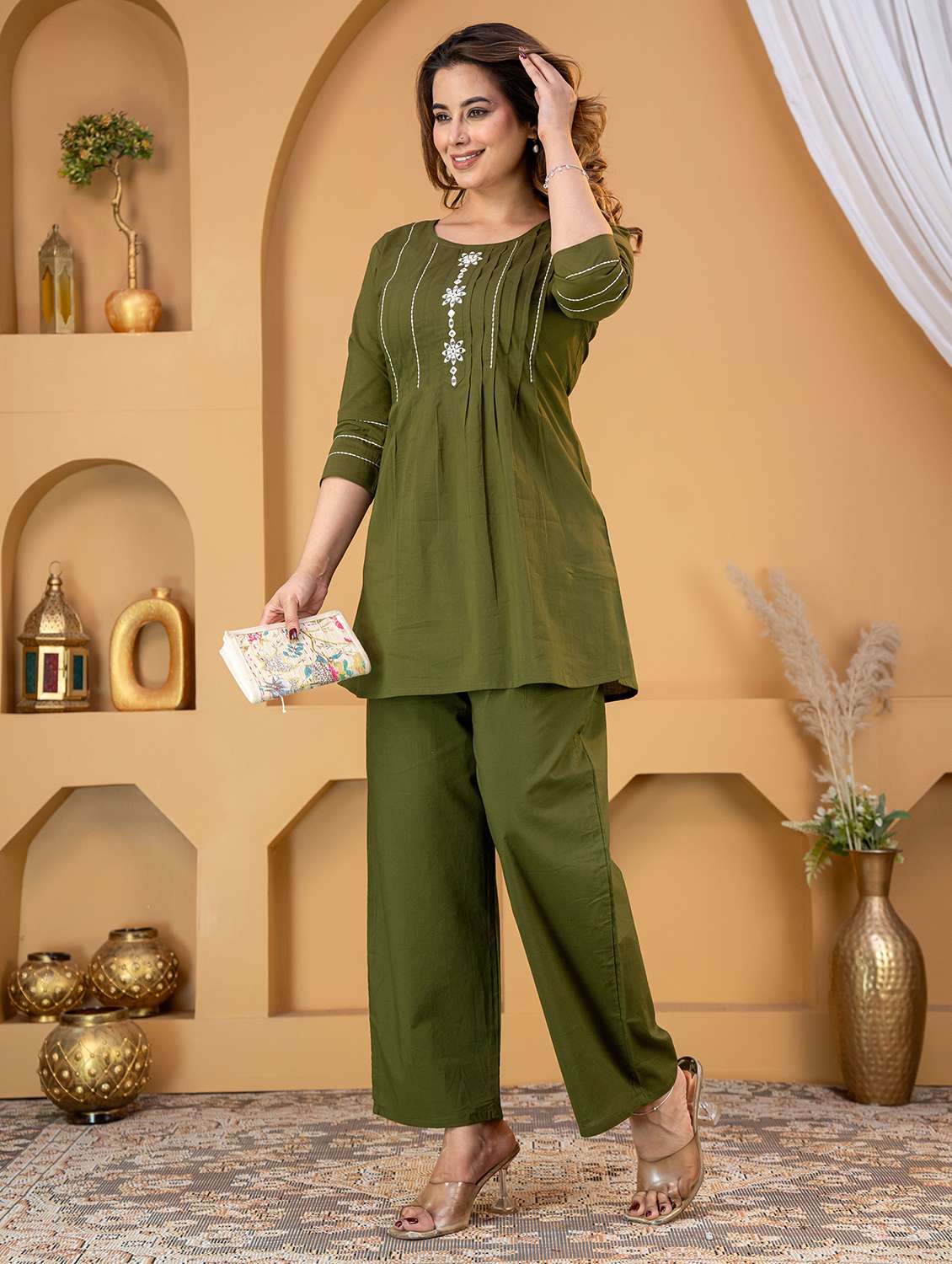 women embroidered three quarter sleeve ethnic co-ord set - 22507807 -  Standard Image - 3