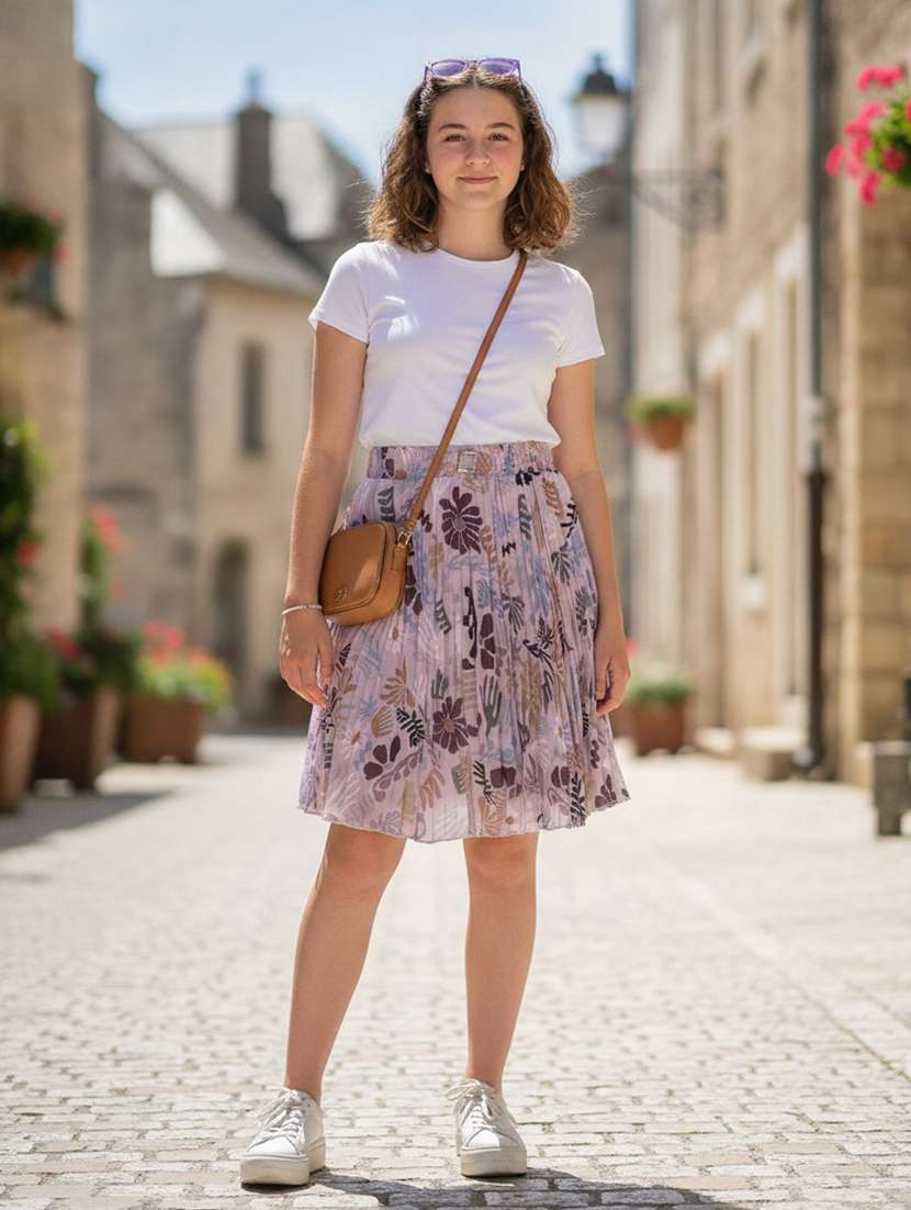 girls printed mid rise pleated skirt