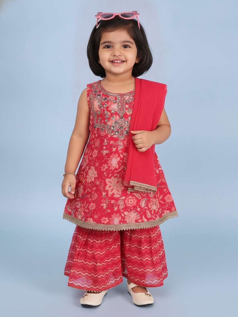 girls printed sleeveless kurta sharara set