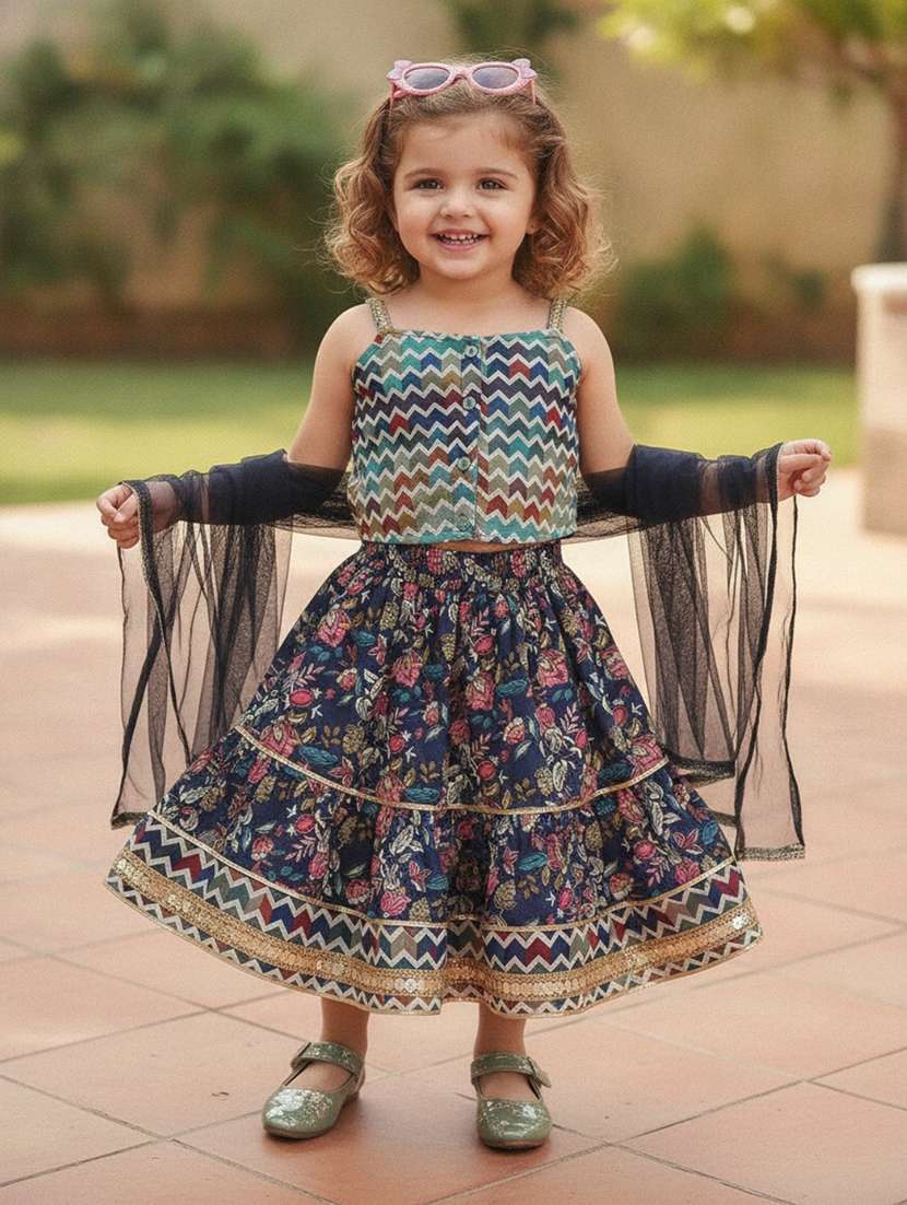 girls printed sleeveless top and skirt set