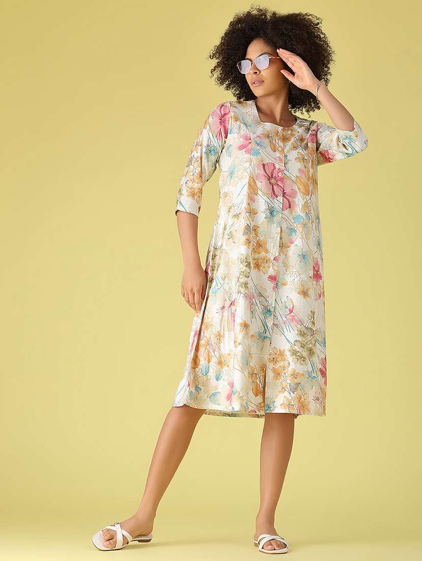 women printed three quarter sleeves a-line dress