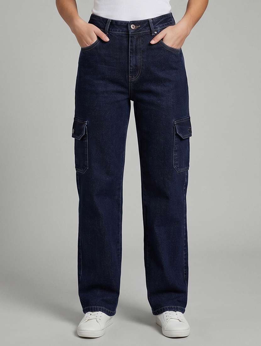 women solid high rise cargo jeans