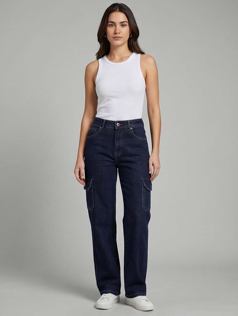 women solid high rise cargo jeans - 22508160 -  Standard Image - 5