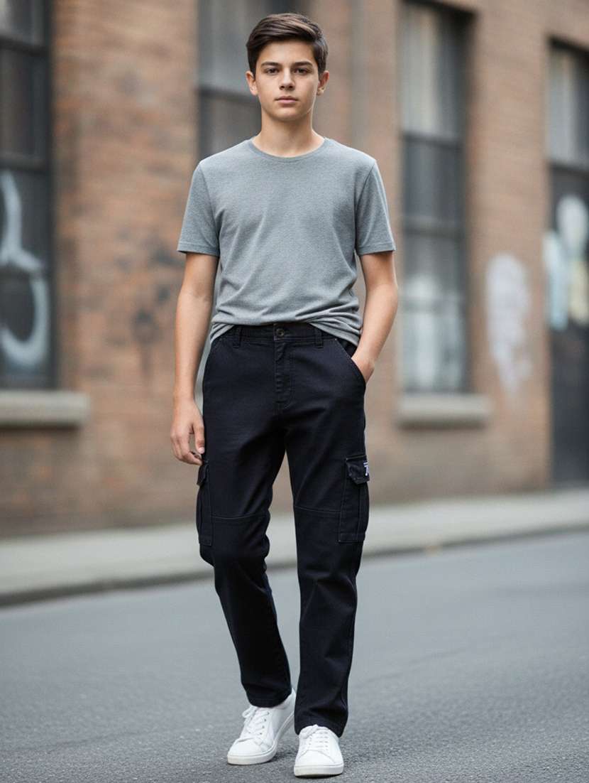 boys solid mid rise regular fit cargo pant