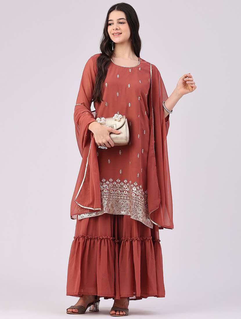 women embroidered three quarter sleeve kurta sharara with dupatta set