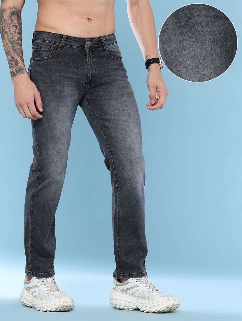 men washed mid rise full length straight jeans