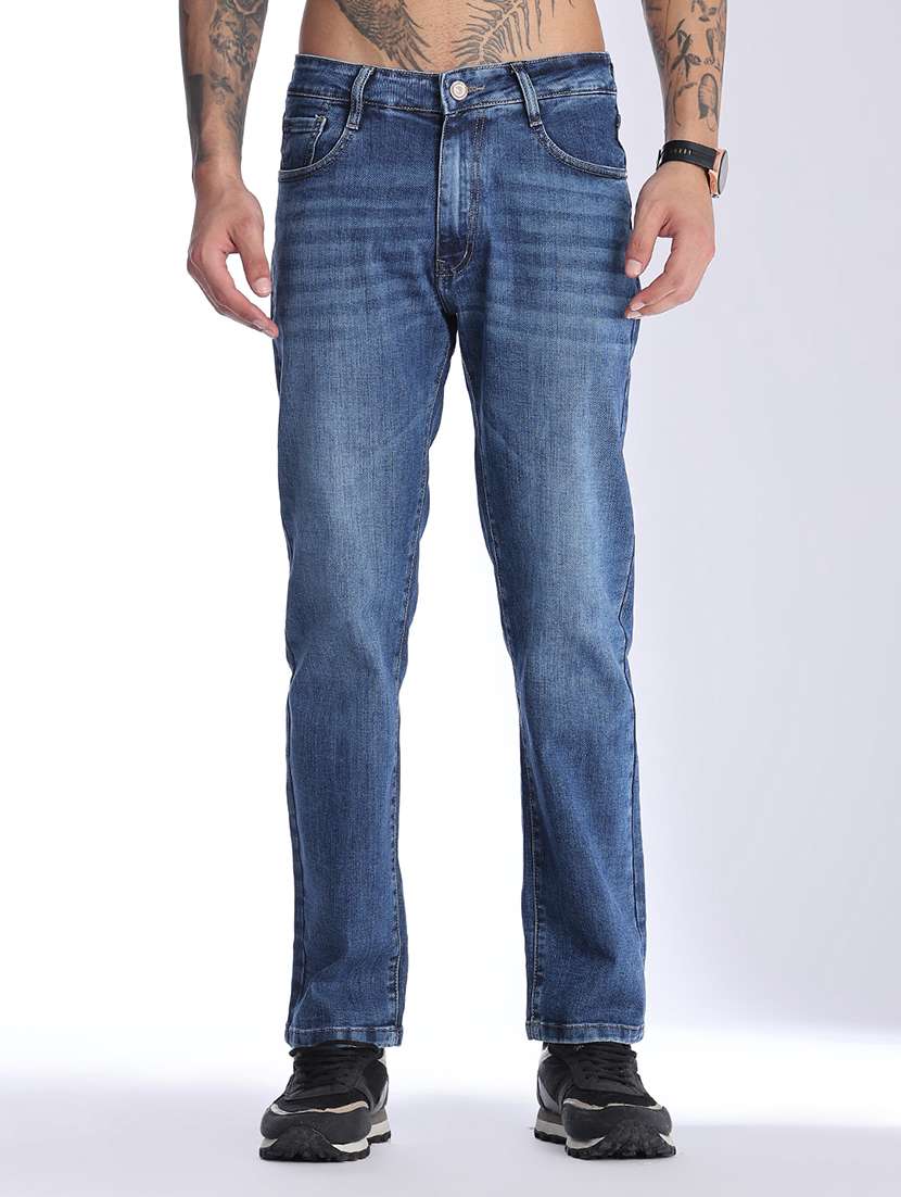 men washed mid rise full length straight jeans