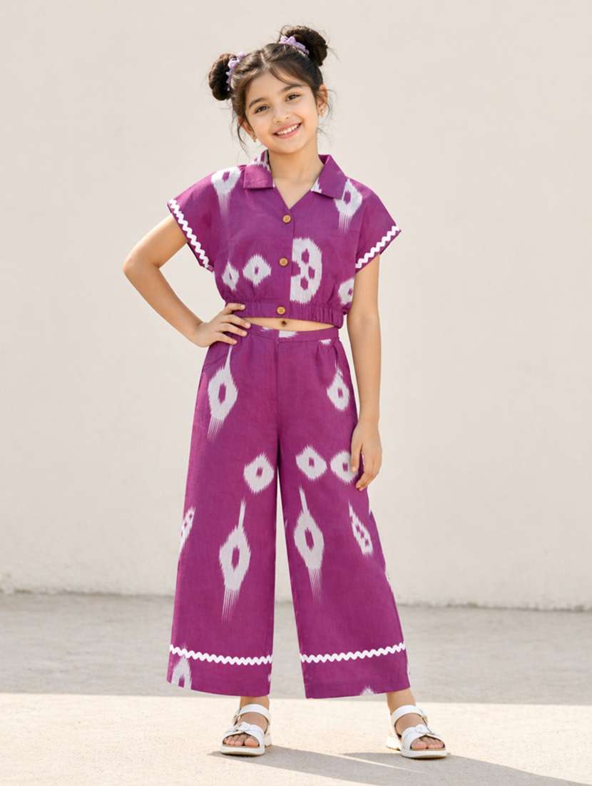 girls printed short sleeves shirt and trouser co-ord set