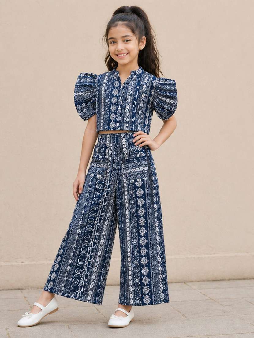 girls printed short sleeves shirt and trouser co-ord set