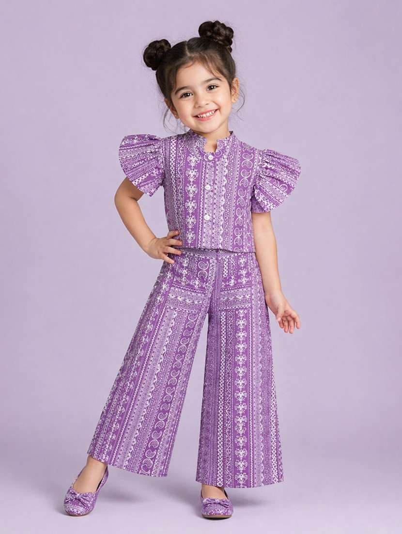 girls printed ruffle sleeves shirt and trouser co-ord set