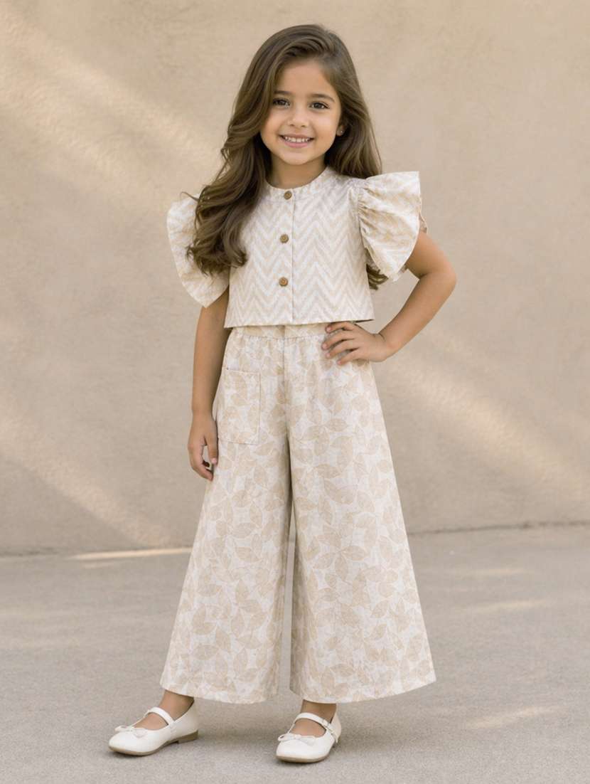 girls printed short sleeves shirt and trouser co-ord set