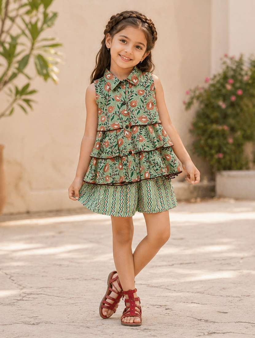 girls printed sleeveless top and shorts co-ord set