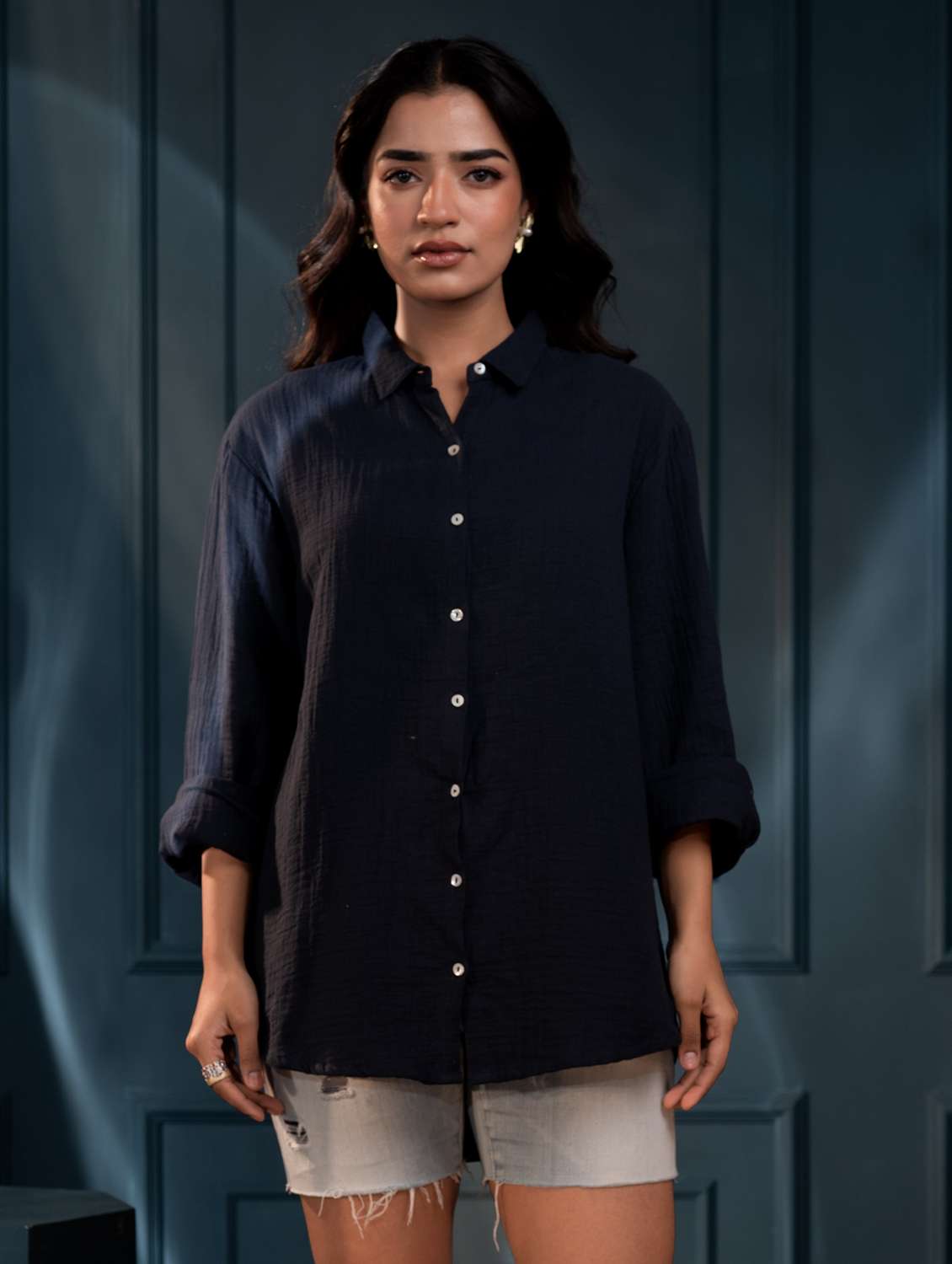 women solid collared regular shirt