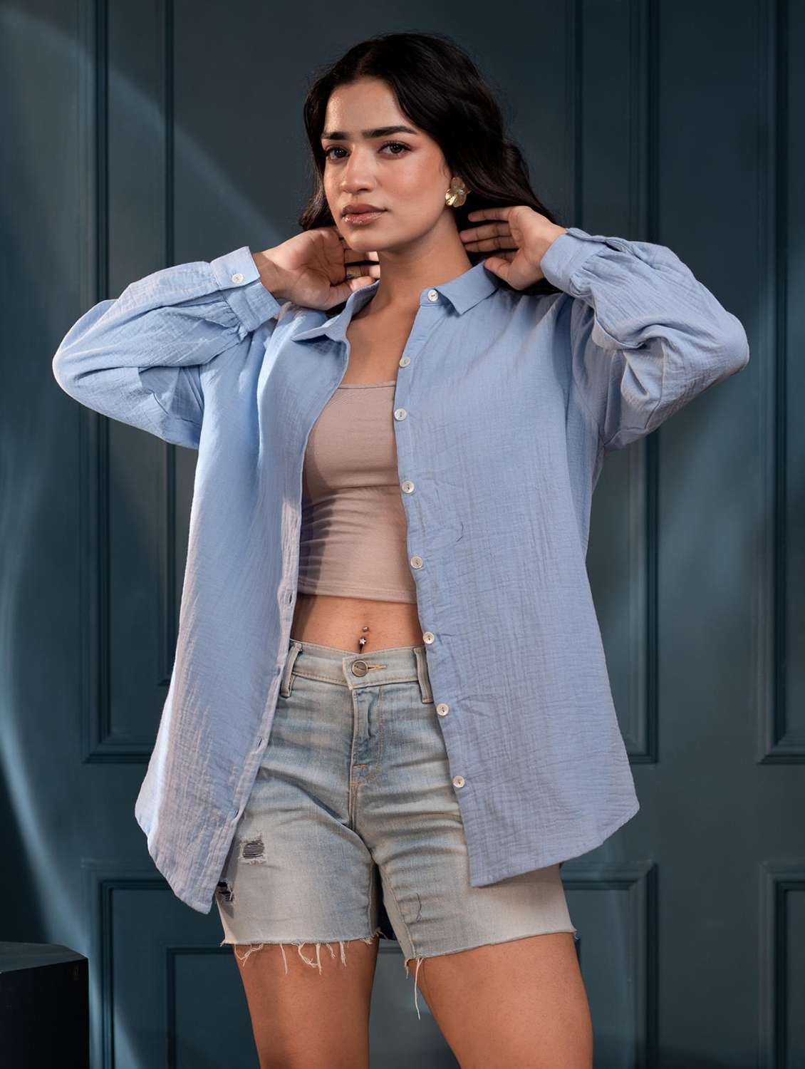 women solid collared regular shirt