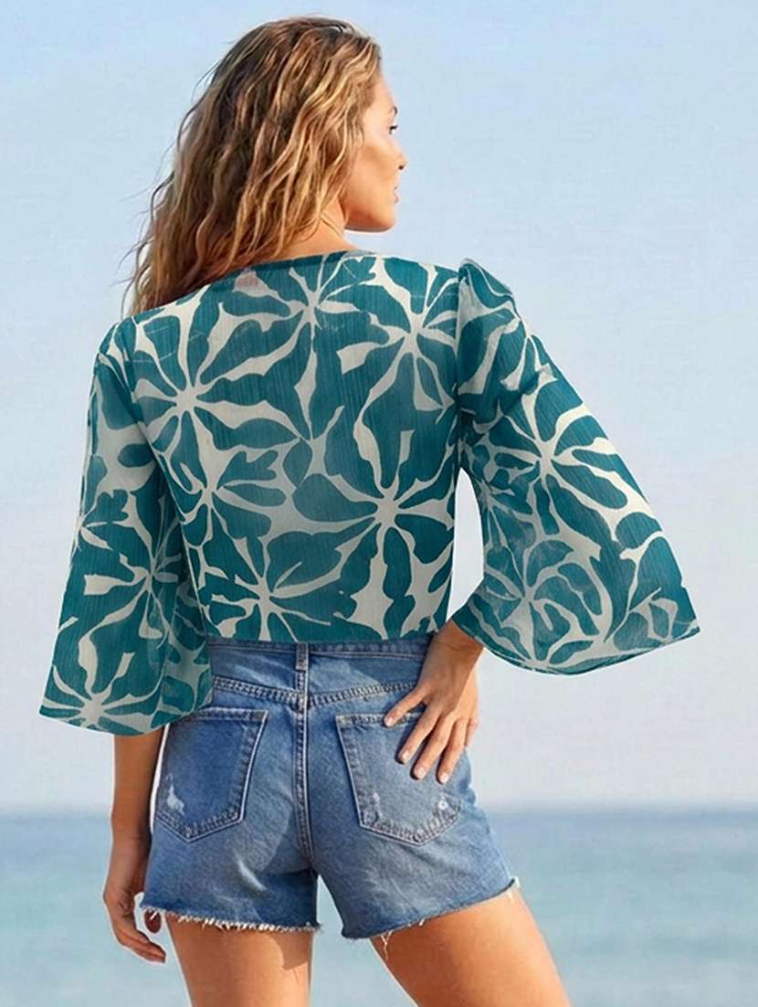 women printed flared sleeves crop top - 22511195 -  Standard Image - 3