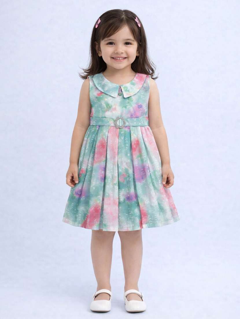 girls printed sleeveless peter pan collared frock