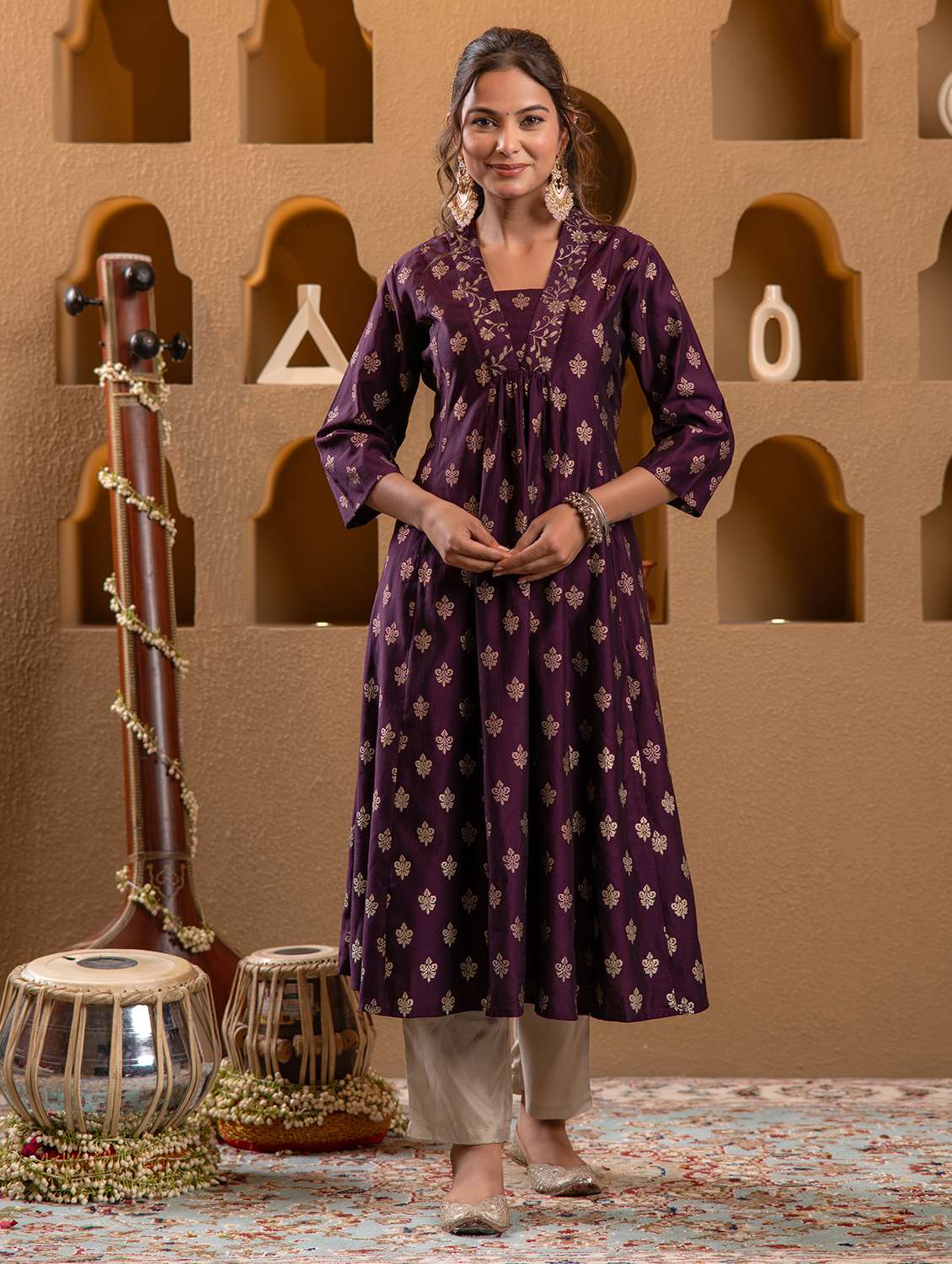 women self design three quarter sleeves anarkali kurta