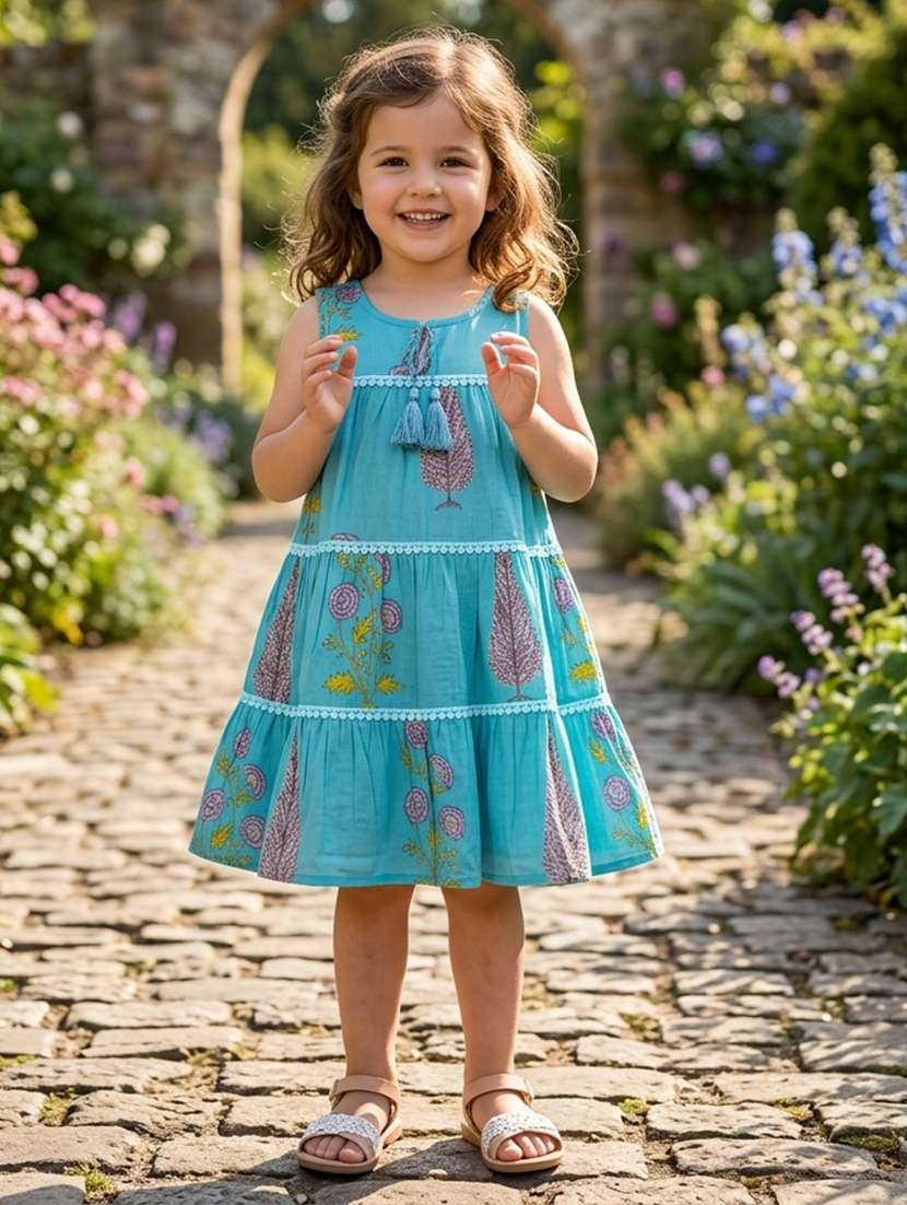girls printed sleeveless tiered frock