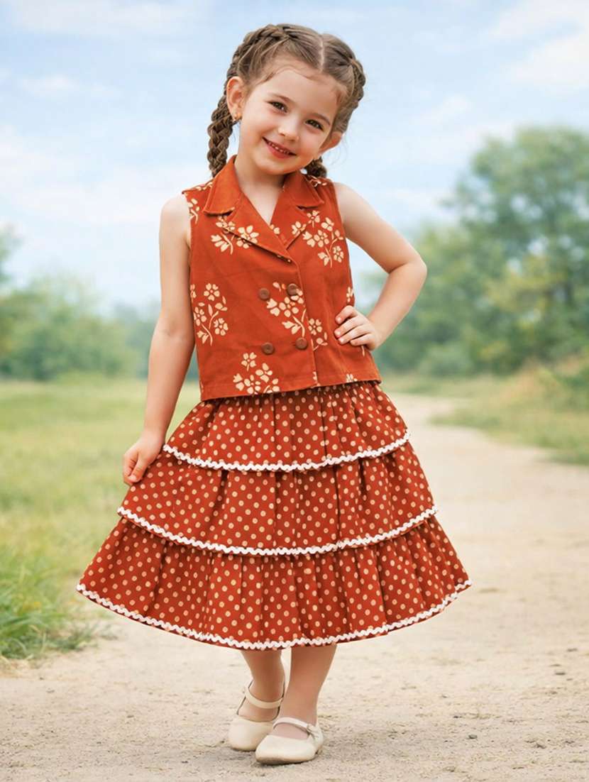 girls printed sleeveless top and skirt set
