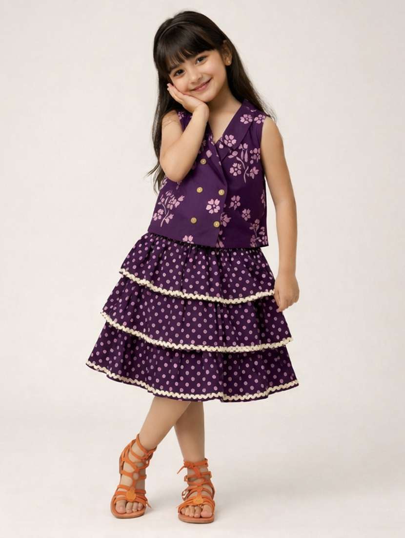 girls printed sleeveless top and skirt co-ord set