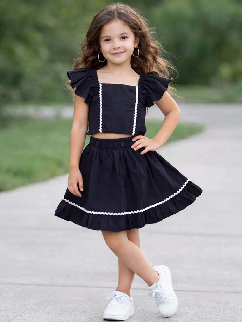 girls solid square top and skirt co-ord set