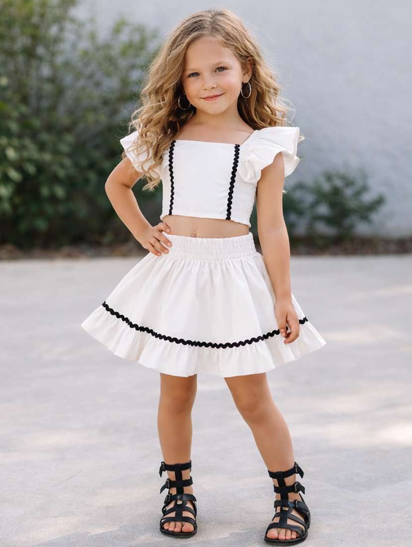 girls solid square neck top and skirt co-ord set