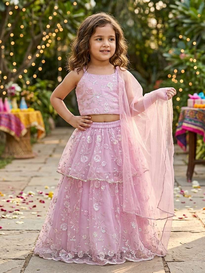 girls embroidered sleeveless lehenga choli set