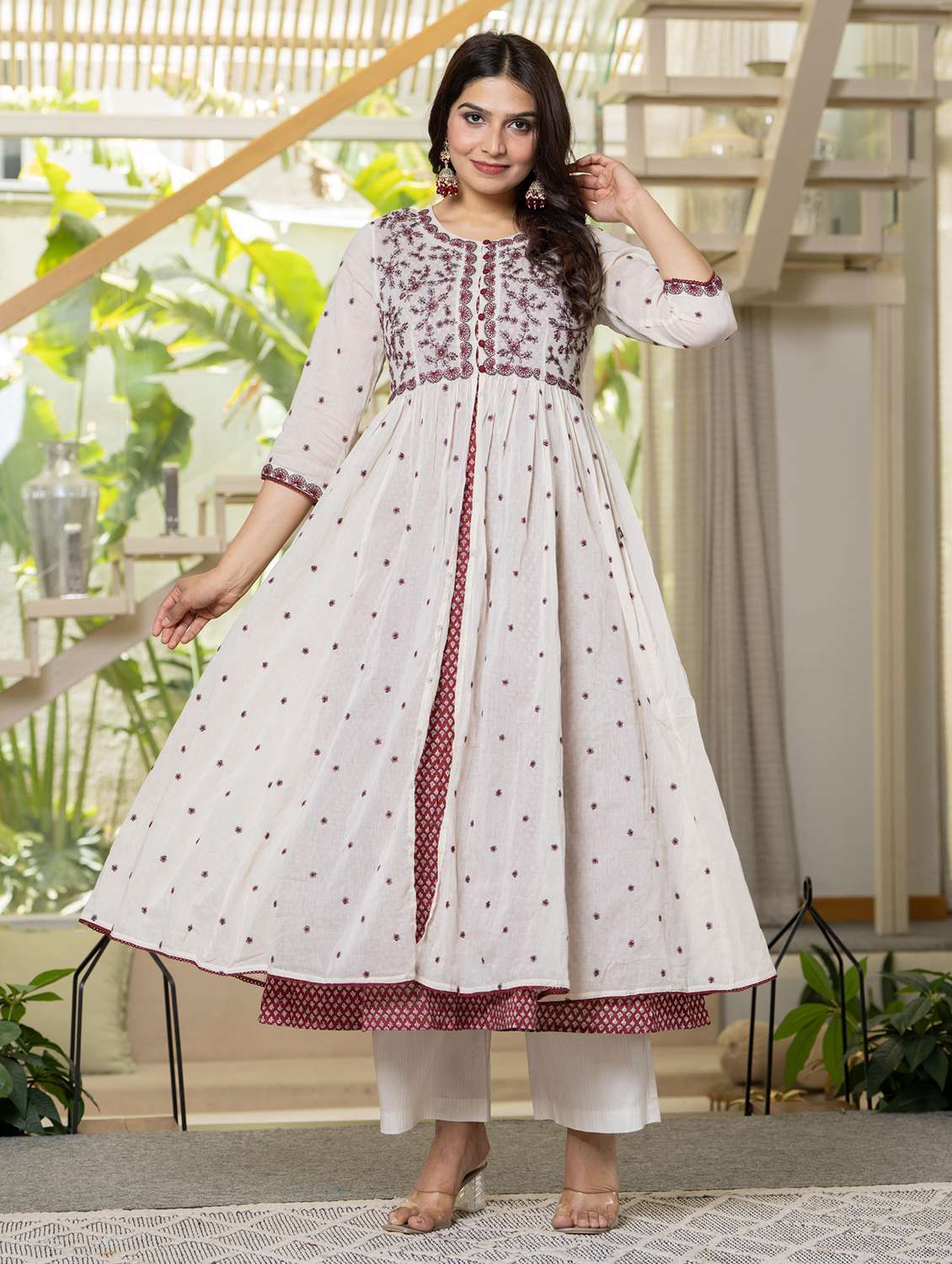 women embroidered round neck flared kurta