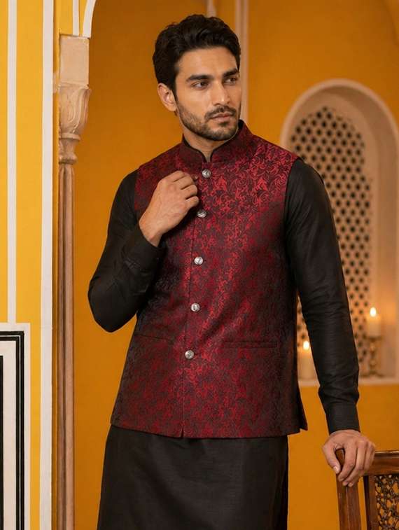 men self design mandarin neck nehru jacket
