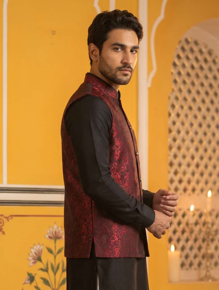 men self design mandarin neck nehru jacket - 22511279 -  Standard Image - 3