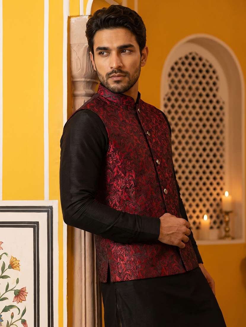 men self design mandarin neck nehru jacket - 22511279 -  Standard Image - 5