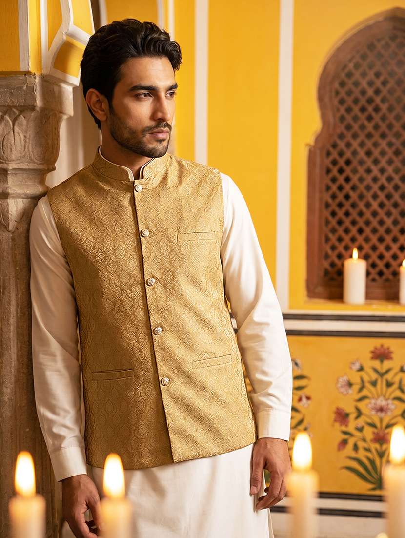 men self design mandarin neck nehru jacket