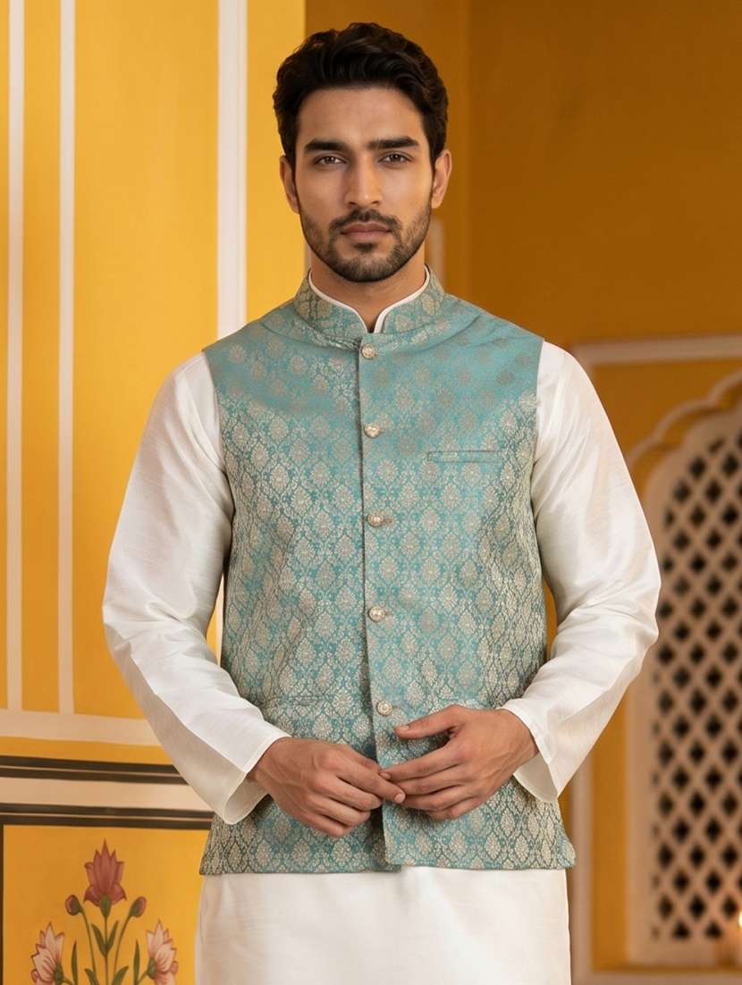 men self design mandarin neck nehru jacket