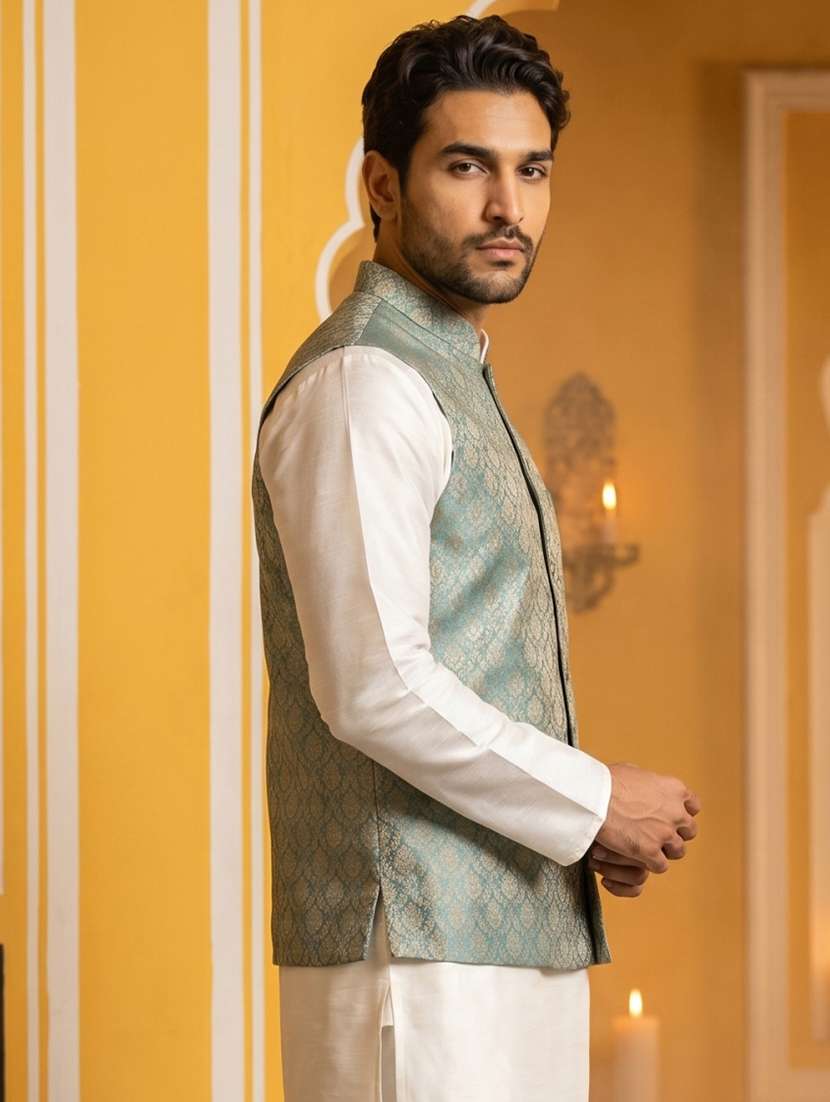 men self design mandarin neck nehru jacket - 22511281 -  Standard Image - 3