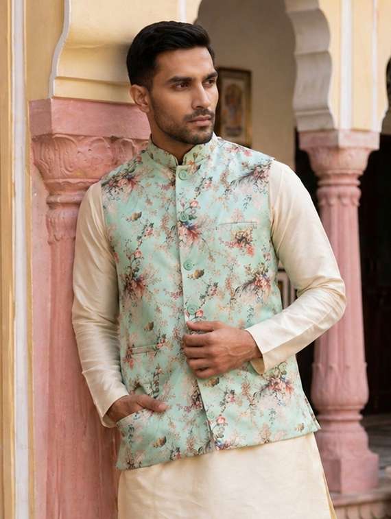 men floral mandarin neck nehru jacket