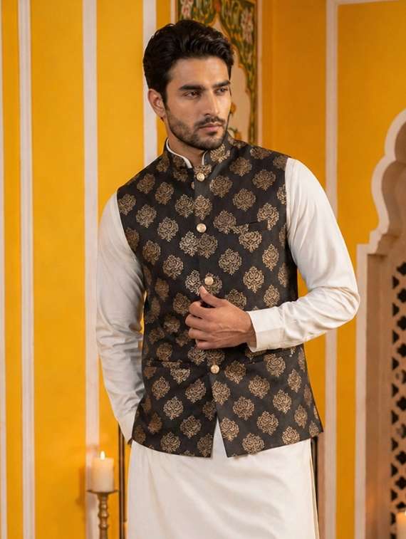men self design mandarin neck nehru jacket