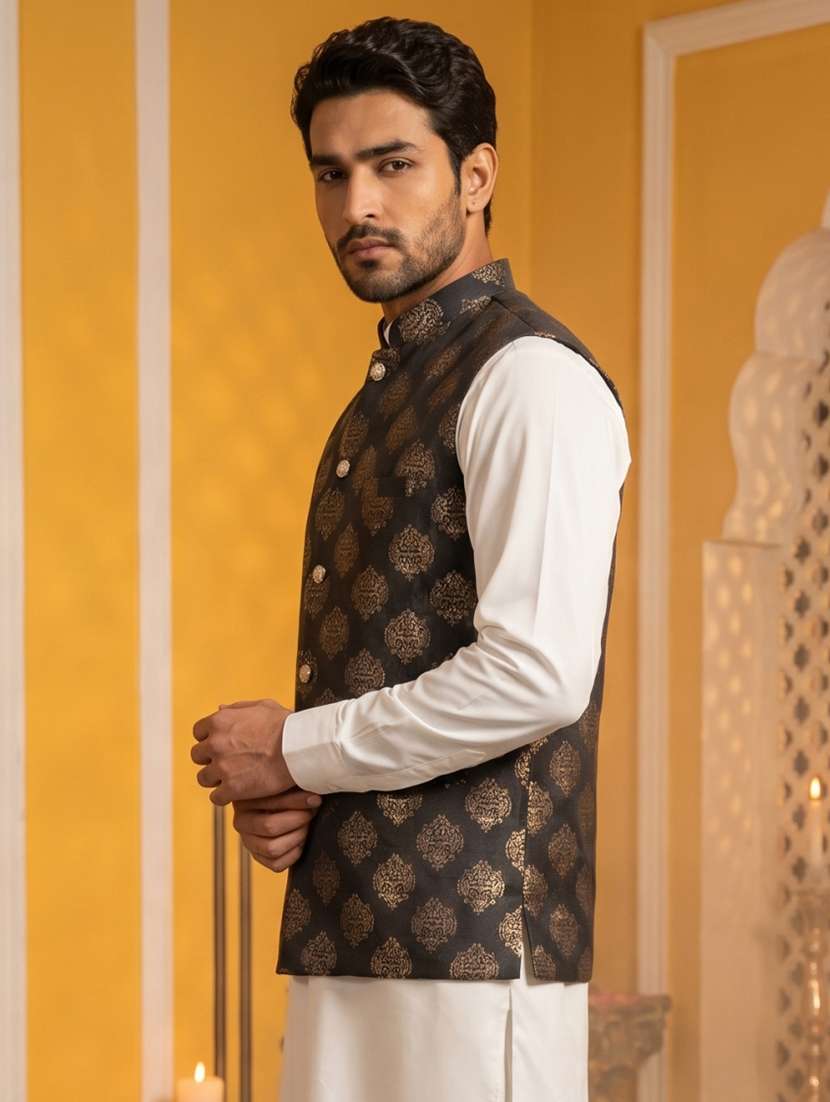 men self design mandarin neck nehru jacket - 22511283 -  Standard Image - 3